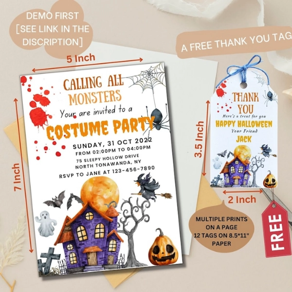 Halloween Party Invitation, Editable Halloween Template, Spooky Blood Halloween Invite, Free Halloween Gift Tag