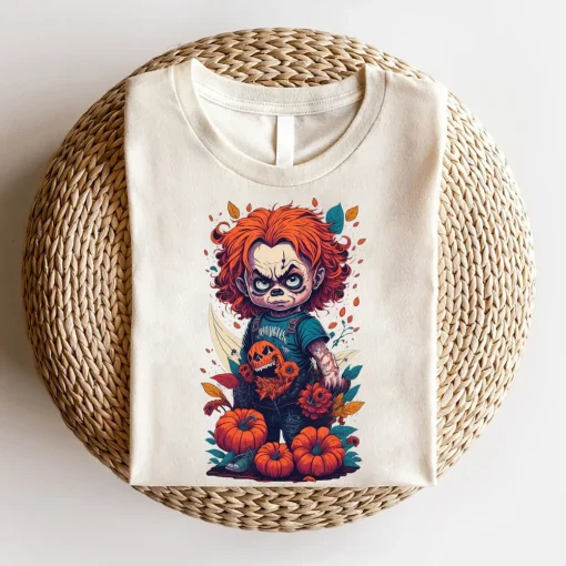 Horror Characters Shirt, Chucky Shirt, Purple Flowers Shirt, Horror Movie Characters-2