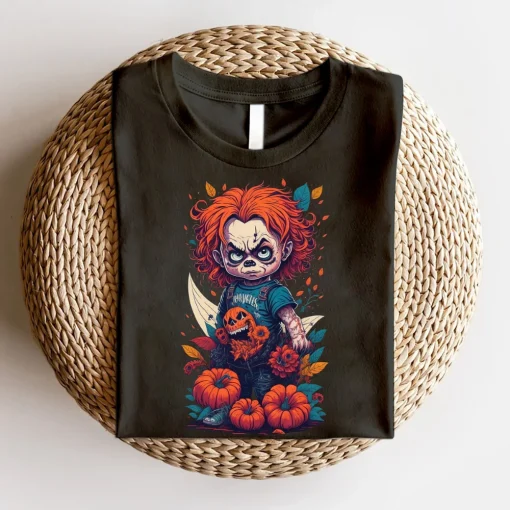 Horror Characters Shirt, Chucky Shirt, Purple Flowers Shirt, Horror Movie Characters-1