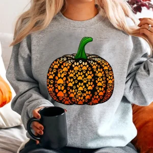 Halloween Shirt: Paw Pumpkin, Retro Dog Print, Sweatshirt-1