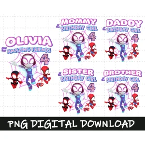 Ghost Spider png, Custom Name Age Birthday Girl Png, And his Amazing Friends Clipart PNG, Family Birthday Png