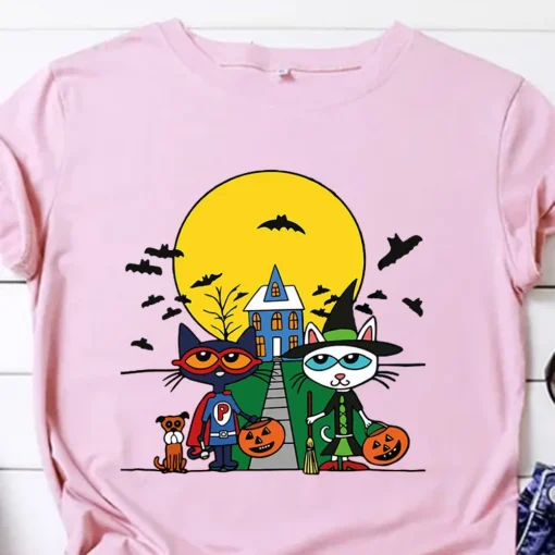 Halloween Shirt: Pete the Cat Horror Cute Tee, Gift for Cat Halloween Party-1