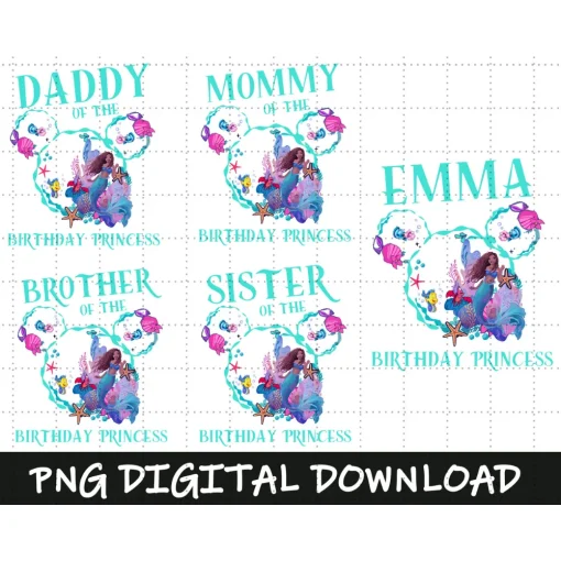 Little Mermaid Family T-shirt Birthday Girl , Png, Digital File Princess Ariel Mom ,Dad ,Sister,Brother of Birthday Girl ,Digital, PNG