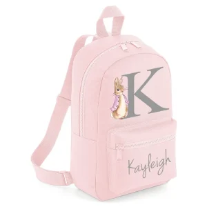 Personalised Name Initial Backpack with Pink Rabbit Design Girls Boys Kids Nursery Children Pre School rucksack School Bag Backpack