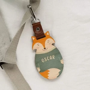 Personalised Wood School Bag Tag Fox, Name Tag for Kids Back Pack, Personalized Stocking Filler or Back to School Gift for Children