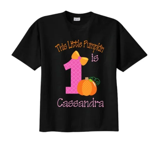 Pumpkin 1st Halloween Birthday Shirts, This Little Pumpkin is 1 for Girls Shirts and Tshirts BLACK Tees