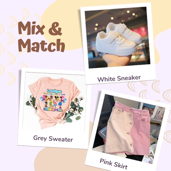 pink Gracie's Corner Birthday Shirt with a denim skirt and white sneakers