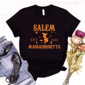 Halloween Sweatshirt, Witchy Graphic Tees, Salem Clothing, Massachusetts Shirt, Spooky Season T-Shirt, Witch Gifts, Girls Vneck T Shirt 2
