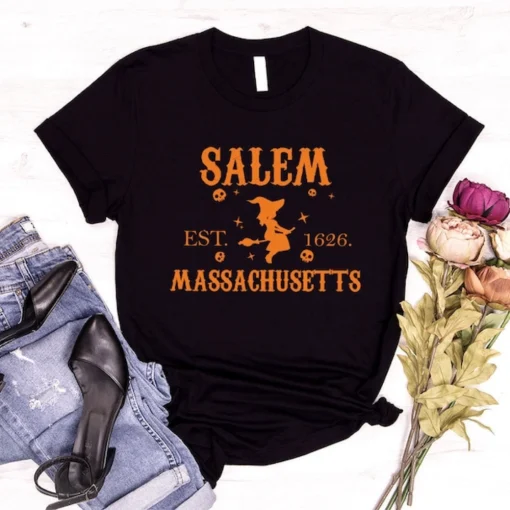 Halloween Sweatshirt, Witchy Graphic Tees, Salem Clothing, Massachusetts Shirt, Spooky Season T-Shirt, Witch Gifts, Girls Vneck T Shirt 2