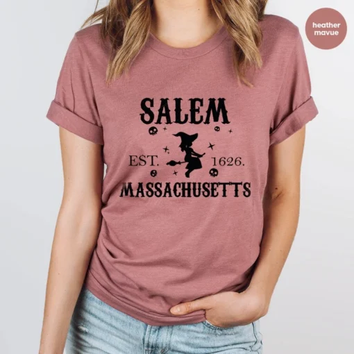Halloween Sweatshirt, Witchy Graphic Tees, Salem Clothing, Massachusetts Shirt, Spooky Season T-Shirt, Witch Gifts, Girls Vneck T Shirt 3