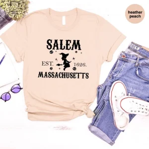 Halloween Sweatshirt, Witchy Graphic Tees, Salem Clothing, Massachusetts Shirt, Spooky Season T-Shirt, Witch Gifts, Girls Vneck T Shirt 4