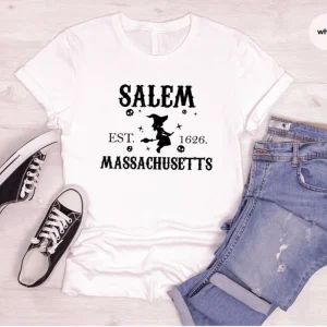 Halloween Sweatshirt, Witchy Graphic Tees, Salem Clothing, Massachusetts Shirt, Spooky Season T-Shirt, Witch Gifts, Girls Vneck T Shirt 5