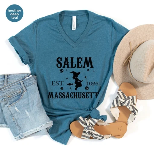 Halloween Sweatshirt, Witchy Graphic Tees, Salem Clothing, Massachusetts Shirt, Spooky Season T-Shirt, Witch Gifts, Girls Vneck T Shirt 6