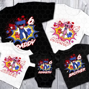 Huggy Wuggy Birthday Boy Shirt, Poppy Playtime Gamer Kids Shirt, Huggy and Kissy Personalized Family Tee 3