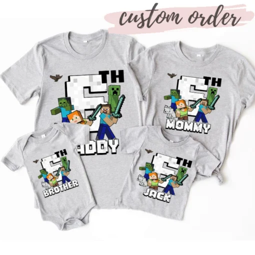 Minecraft Group Shot Happy 6th Birthday T-Shirt, Personalize Minecraft Shirt, Birthday Kids Tee, Personalized Matching Family Shirt